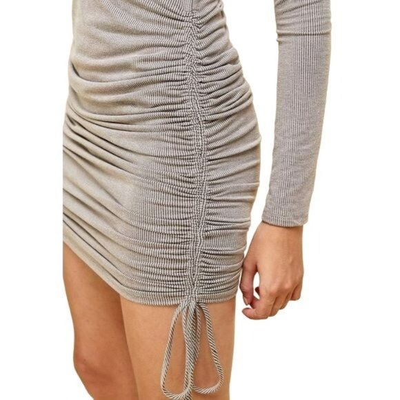 Livana Fine Striped Ruched Long Sleeve Mini Dress Brown Cream Size Large NWT - Picture 2 of 6